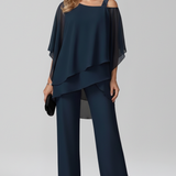 Women's Two-Piece Trouser Set - Layered Asymmetrical Top and Straight Leg Detail