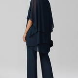 Women's Two-Piece Trouser Set - Layered Asymmetrical Top and Straight Leg Detail