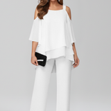 Women's Two-Piece Trouser Set - Layered Asymmetrical Top and Straight Leg Detail