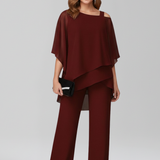 Women's Two-Piece Trouser Set - Layered Asymmetrical Top and Straight Leg Detail