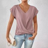 Kaizo Women's V-Neck Short Sleeved Top - Draped Front Style