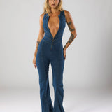 Women's Zip Front Denim Jumpsuit Flare Leg Sleeveless Jean Romper