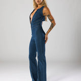 Women's Zip Front Denim Jumpsuit Flare Leg Sleeveless Jean Romper