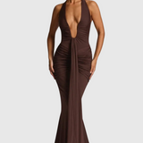 Alma – ruched Bodycon Halter Neck Plunge Maxi Dress