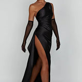 One-Shoulder Satin Maxi Dress with High Slit