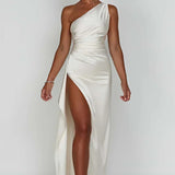 One-Shoulder Satin Maxi Dress with High Slit