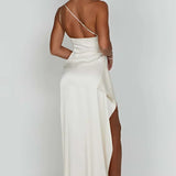 One-Shoulder Satin Maxi Dress with High Slit