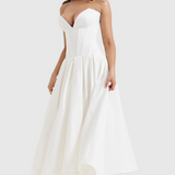 Yara – pleated Midi Dress with Boned Corset Bodice and Full Skirt