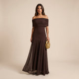 Off Shoulder Chiffon Maxi Dress with Flowing Skirt