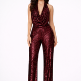 Charlotte Womens Sequin Cowl Neck Jumpsuit