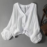 Cotton Linen Blouse Batwing Sleeves Button Detail