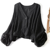 Cotton Linen Blouse Batwing Sleeves Button Detail