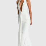 Alma – ruched Bodycon Halter Neck Plunge Maxi Dress