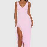 Lia – neck Maxi Dress with Thigh-High Slit in Yellow and Pink