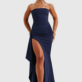 Daria – strapless Ruched Maxi Dress with Thigh-High Split in Crepe
