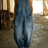 Denim Dungarees Wide Leg Button Front Adjustable Straps