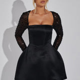 Satin Mini Dress with Embellished Long Sleeves and Square Neckline