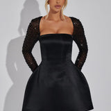 Satin Mini Dress with Embellished Long Sleeves and Square Neckline
