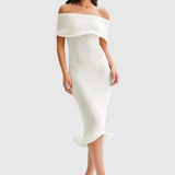 Otylia – the-Shoulder Midi Dress with Ruffle Trim and Textured Knit in White and Black