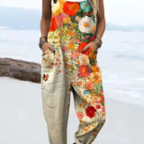 Floral Jumpsuit Wide Leg Vintage Style Adjustable Waist