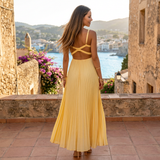 Pleated V Neck Maxi Dress with Flowy Silhouette