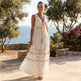 Boho Lace Tiered Maxi Dress with V Neck