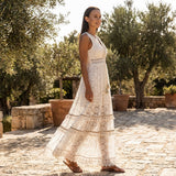 Boho Lace Tiered Maxi Dress with V Neck