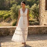 Boho Lace Tiered Maxi Dress with V Neck