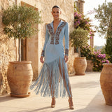 Embroidered Fringe Midi Dress with Deep V Neck