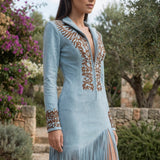 Embroidered Fringe Midi Dress with Deep V Neck