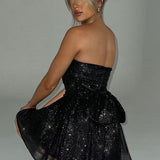 Strapless Glitter Tulle Mini Dress – Flared A-Line Party Dress