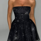 Strapless Glitter Tulle Mini Dress – Flared A-Line Party Dress