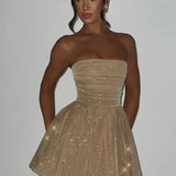 Strapless Glitter Tulle Mini Dress – Flared A-Line Party Dress