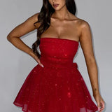 Strapless Glitter Tulle Mini Dress – Flared A-Line Party Dress