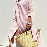 Linen Striped Shirt Dress Collared Button-Down Midi