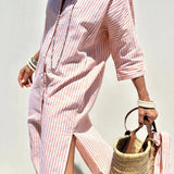 Linen Striped Shirt Dress Collared Button-Down Midi