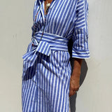 Linen Striped Shirt Dress Collared Button-Down Midi