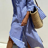 Linen Striped Shirt Dress Collared Button-Down Midi