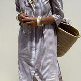 Linen Striped Shirt Dress Collared Button-Down Midi