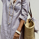 Linen Striped Shirt Dress Collared Button-Down Midi