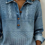 Women's Cable Knit Half-Button Pullover Denim Effect