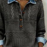 Women's Cable Knit Half-Button Pullover Denim Effect