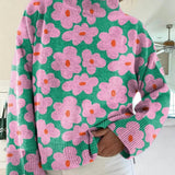 Women's Floral Knit Jumper High Neck Relaxed Fit