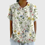 Kaizo | Women's Linen Floral Blouse Peter Pan Collar Short Sleeve