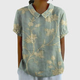 Kaizo | Women's Linen Floral Blouse Peter Pan Collar Short Sleeve