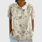 Kaizo | Women's Linen Floral Blouse Peter Pan Collar Short Sleeve