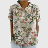 Kaizo | Women's Linen Floral Blouse Peter Pan Collar Short Sleeve