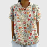 Kaizo | Women's Linen Floral Blouse Peter Pan Collar Short Sleeve