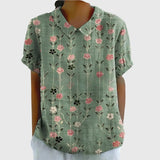 Kaizo | Women's Linen Floral Blouse Peter Pan Collar Short Sleeve