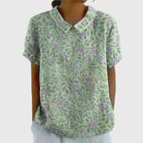 Kaizo | Women's Linen Floral Blouse Peter Pan Collar Short Sleeve